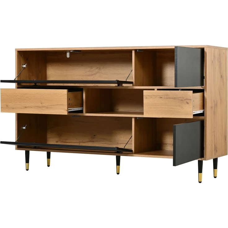 Merax Sideboard, Wohnzimmerschrank, Esszimmer-Schrank, Flurschrank, Multifunktionaler Sideboard Holz-Schwarz Kombination, 2 Schubladen, Staurschrank Esszimmer – Bild 9