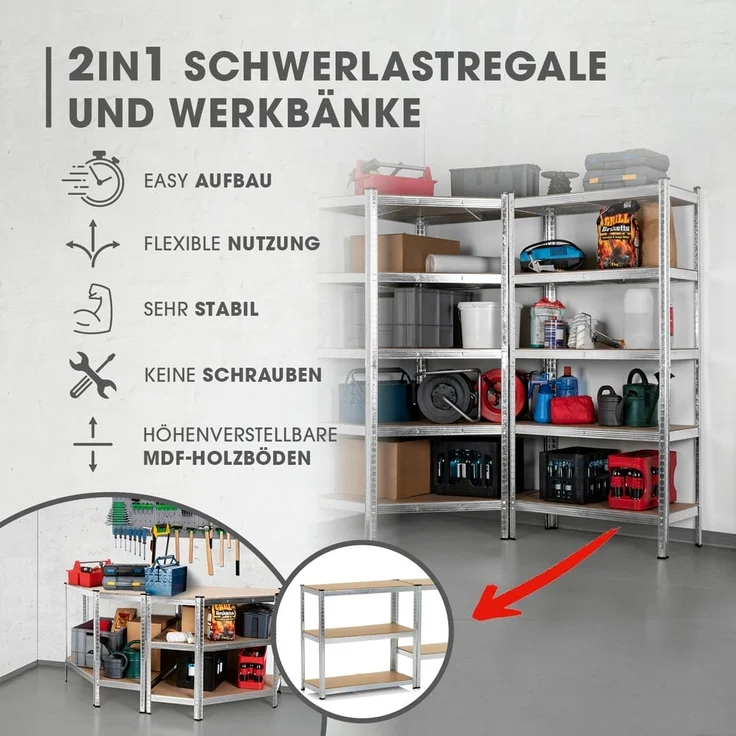 EASYmaxx Schwerlastregal 180 x 90 x 40 cm | Eckregal & 2 Lagerregal | 2625 kg Traglast, 175 kg pro Ebene | Regal und Werkbank | Kellerregal, Lagerregal mit 15 verstellbaren Ablagen – Bild 2