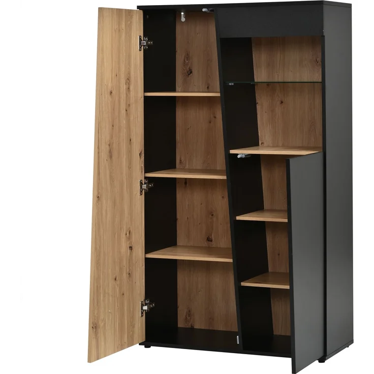 Vitrinenschrank mit LED, Design-Holztür, Glastrennwand Vitrine Schrank,Mehrere Staufächer, Hochschrank Sammlervitrine für Wohnzimmer, Büro, Flur, Schwarz & Holzfarbe,80x35x139.5cm – Bild 10