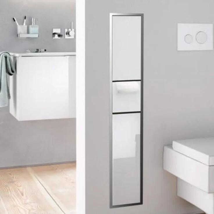 Emco Asis 150 Unterputz-Schrankmodul, Badezimmerschrank als Toilettenpapierhalter & Klobürstengarnitur mit extra Fach, Hochschrank mit Push to Open-Funktion, optiwhite – Bild 5
