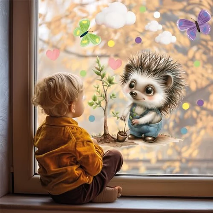 Sunnywall Fensterdekoration wiederverwendbares Fensterbild Igel Gärtner in Latzhose, wiederverwendbar, statisch haftend, beidseitiger Druck – Bild 3