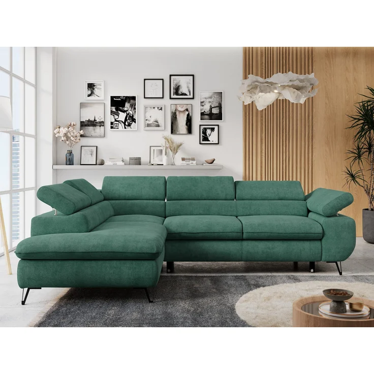 Mks Möbel 'Peter L-form' Ecksofa mit Bettfunktion, Bettkasten & einstellbaren Kopfstützen, Grün, Stoff, links – Bild 1