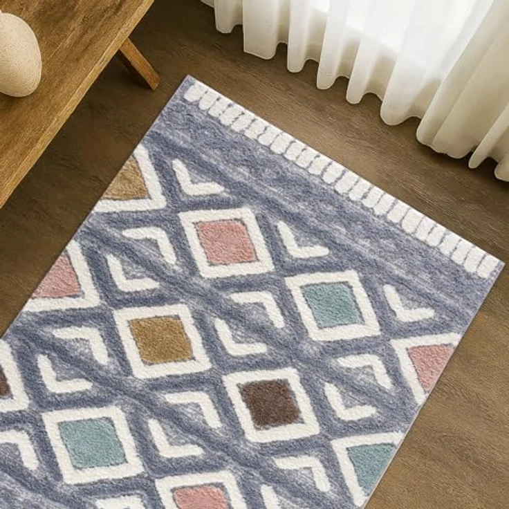 Teppich Wohnzimmer Hochflor - 80x150cm - Einfarbig - Pastell Multi - Boho - Modern Raute Ornamente - Skandinavisch Flauschig Weich - Schlafzimmer – Bild 6