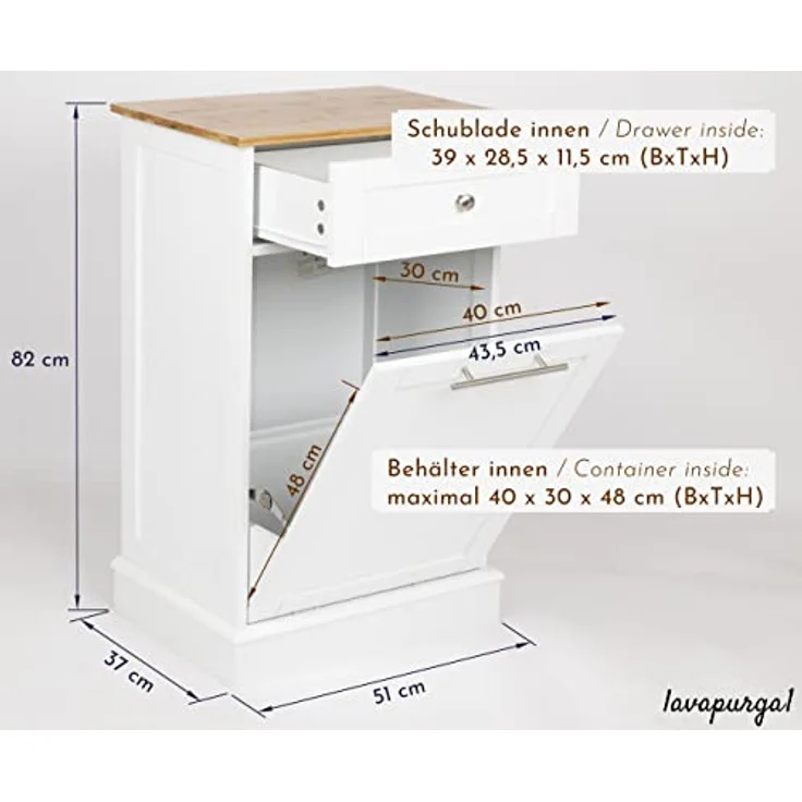 WONDERMAKE Wäschebox Mülleimer-Schrank, hoch aus weißem MDF und Bambus mit Schublade, 51 x 37 x 82 cm, klappbar – Bild 3
