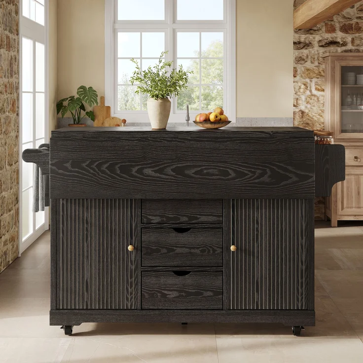 Küchenwagen 142,5 x 40/80 x 95 cm aus MDF und Metall, schwarz, beidseitig erweiterbar – Bild 2