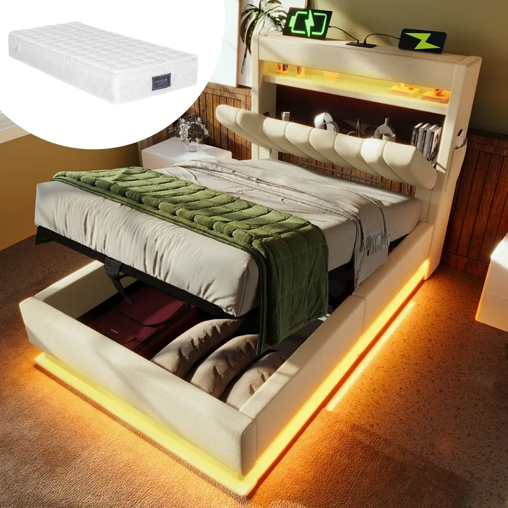 Polsterbett Einzelbett Leinen, mit Smart-LED, 4-fach Ladestation & Hydraulikstauraum, 90x200 cm, Beige, mit Matratze