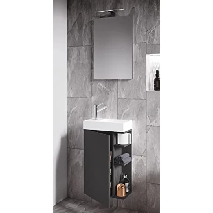 VCM Badmöbelset Lumia, 3-tlg. Gäste WC Set mit Waschbecken aus Keramik, Unterschrank mit Drehtür und Spiegel, H. 70 x B. 40 x T. 22 cm – Bild 2