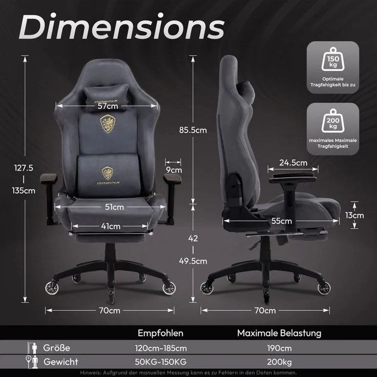 Dowinx Gaming Stuhl,Ergonomischer Wildlederimitat Gamer Chair,Gaming Sessel,Verstellbar Fußstütze und 3D Armlehnen,200KG Tragkraft Bürostuhl mit Geräuschlose Rollen,Schreibtischstuhl,Grau – Bild 2
