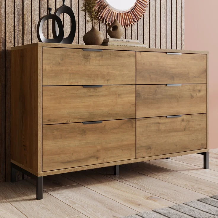 Kommode mit 6 Schubladen, Spanplatte & Metallgestell, 120x40x76 cm, Dunkle Eiche – Bild 2