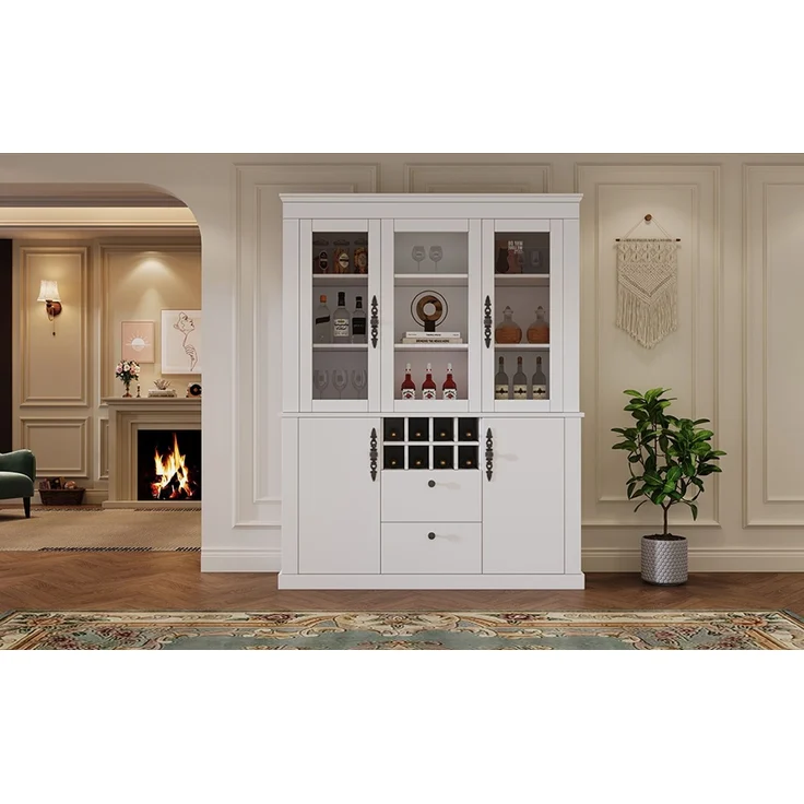 130*37.5*170.5cm Vitrine, Standvitrine mit 2 Schubladen 4 Schranktüren, Glasvitrine mit LED, Wohnzimmerschrank 130 cm breit, Multifunktionsschrank mit 8 Weinregal, Großer Schrank, Weiß--Weiß--130x37.5x170.5cm--YOUDENOVA – Bild 9
