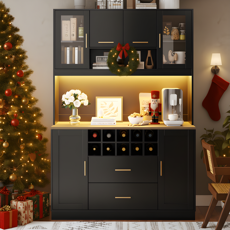 EINHOM Seitenschrank, Aufbewahrungsschrank, Küchenschrank, Anrichte, 120 x 36, 3 x 180 cm, mit LED-Beleuchtung und Steckdose, Sechs Türen, Zwei große Schubladen, Schwarz/weiß, Schwarz