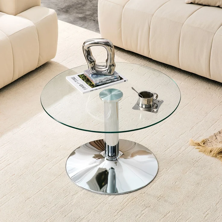 Runder Couchtisch aus Glas ca. 70 cm – Beistelltisch mit gehärteter Glasplatte & stabilem Metallgestell, moderner Wohnzimmertisch in Gold / Schwarz / Silber--Silber--70x70x45cm--YOUDENOVA – Bild 8
