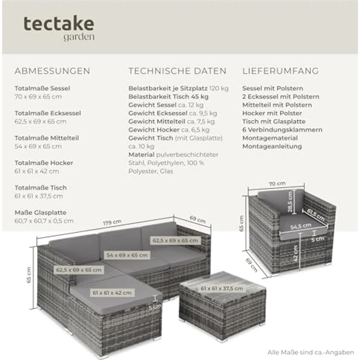 tectake® Poly Rattan Lounge, Outdoor Gartenmöbel Set mit Sofa, Sessel, Hocker und Tisch, variabel kombinierbar, Möbel wetterfest für 4-5 Personen, Balkonmöbel, Gartenlounge, Terrassenmöbel - grau – Bild 7