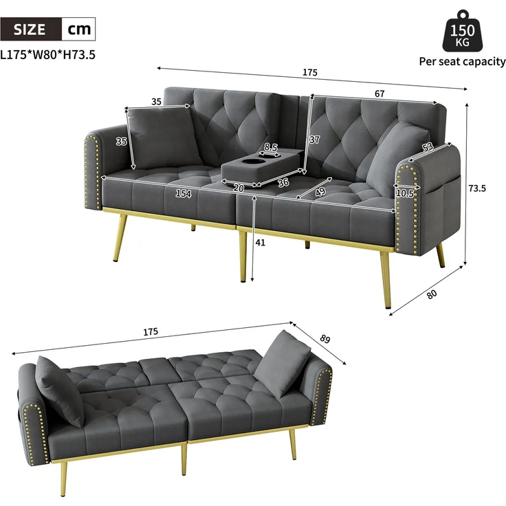 ZUBALIYA Schlafsofa 80x73.5 cm, mit LED - Beleuchtung, mit Stauraum, mit Leiter, mit Samtbezug, mit breiten Armlehnen, Gold – Bild 8