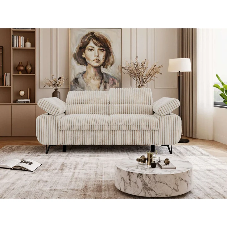 2-Sitzer Polstercouch PETER mit verstellbaren Armlehnen und Kopfstütze, Gepolsterte Couch, Wellenfeder - Beige Cord – Bild 4