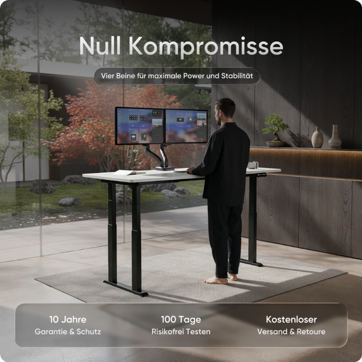 DESKSPACE Höhenverstellbarer Schreibtisch elektrisch mit leisem Dual-Motor – stabiles 4-Bein-Gestell (Schwarzes Gestell, Weiß Tischplatte, 160×80 cm) – Bild 2