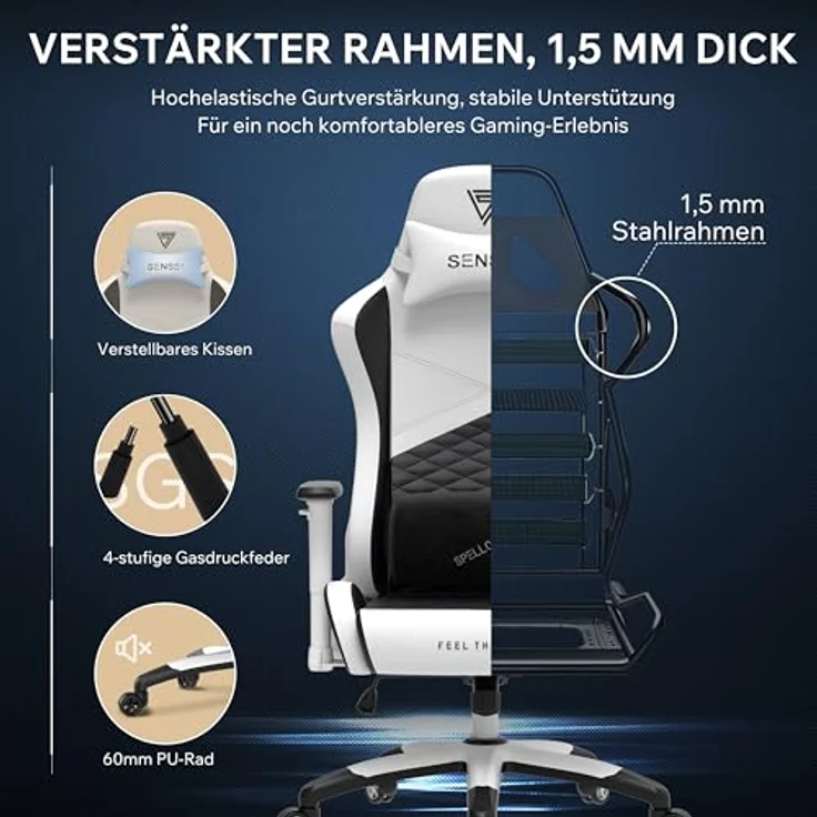 SENSE7 Gaming Stuhl Spellcaster Senshi Edition XL, ergonomischer Gaming Sessel, verstellbaren Lendenkissen Einstellbarer Neigungswinkel, Wippfunktion, PU-Leder Gaming Chair, 150kg, PC Stuhl Weiß – Bild 8