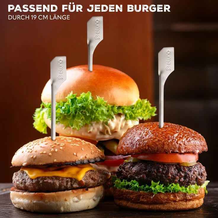 Burger-Spieße 4er Set - 19 cm Länge - geeignet für Burger Sandwiches, Schaschlik und Früchte, aus hochwertigem Edelstahl – Bild 4