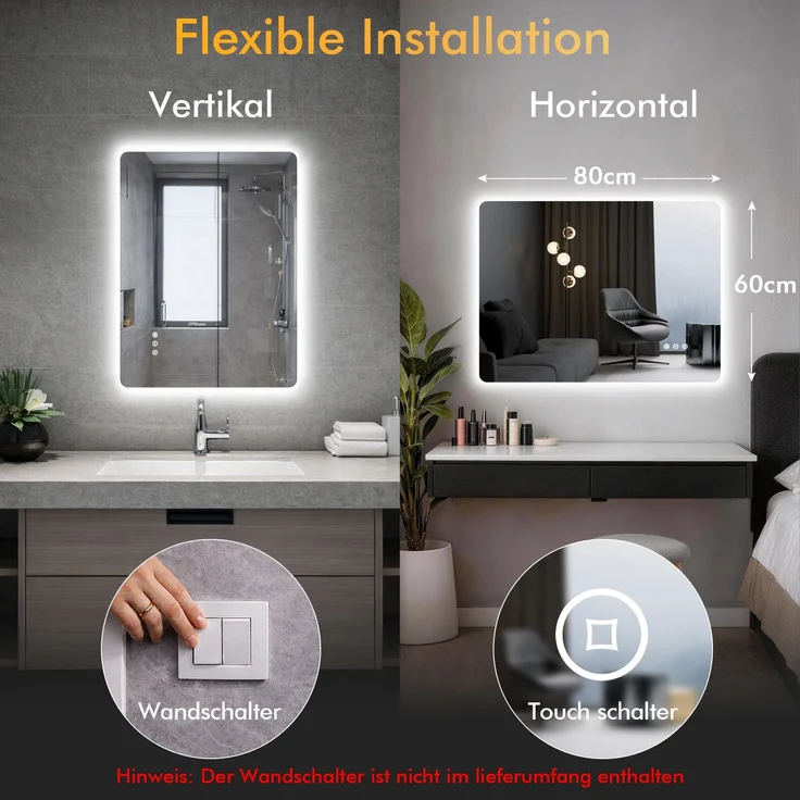 GIMBELEN LED Badezimmerspiegel 80x60 cm, beleuchteter Wandspiegel mit Hintergrundbeleuchtung, 3 Lichtfarben, dimmbar, Anti-Beschlag, Memory-Funktion, IP44, horizontal/vertikal montierbar, Schwarz – Bild 5