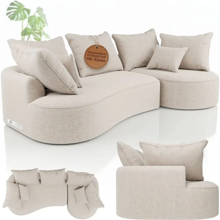 Juskys Sofa Tirano - Bouclé Creme , Ecksofa mit L-Form, mit Rücken- & Dekokissen, 4-Sitzer Eckcouch, Schaumstoff - Ottomane rechts