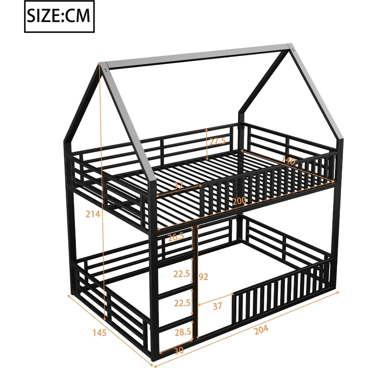 U-life Haus-Etagenbett 140x200 cm mit Sicherheitszaun, LED-Beleuchtung und 2 Lattenrosten, Schwarz – Bild 10