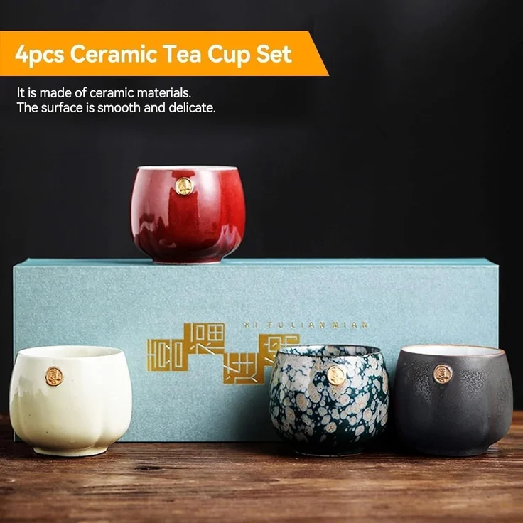 Japanische Keramik Teetassen Set Retro Kung-Fu Tee Sake Becher 4-teilig – Bild 6