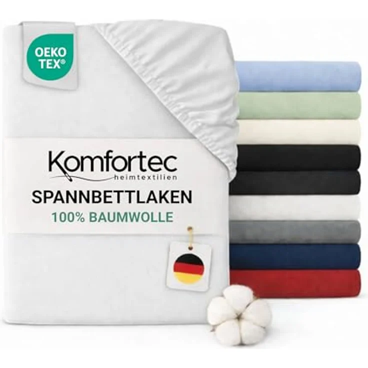 Komfortec Spannbettlaken Jersey 100% Baumwolle – 90x200 cm – 135g/m² – Weich, Atmungsaktiv & Hautfreundlich – Mit Rundumgummi – Oeko-Tex Zertifiziert – Für Boxspring, Topper & Matratzen – EisWeiß – Bild 1
