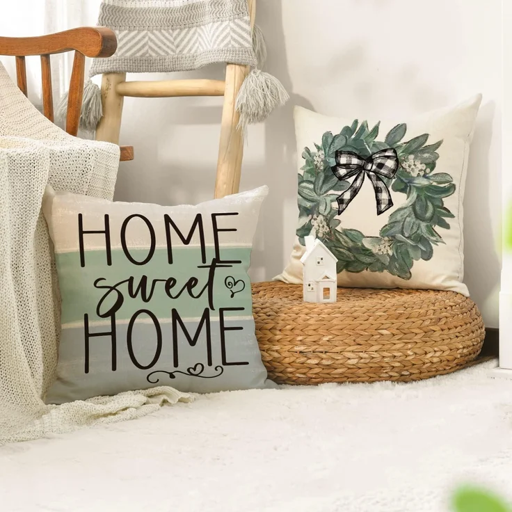 Kissenbezüge 45×45 cm 4er-Set Eukalyptus-Kranz, Bless Our Home, Buffalo Plaid, Frühling Deko – Bild 2