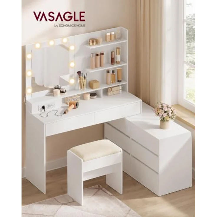 VASAGLE Schminktisch mit Beleuchtung und Hocker Set | Kosmetiktisch in L-Form mit 8 Schubladen und Steckdose, für Schlafzimmer, KAILYN Kollektion RDT140WB01-02 – Bild 2