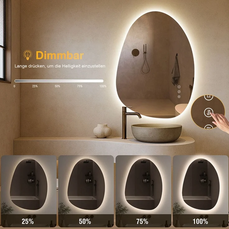 PESENXAN LED Badezimmerspiegel 65x50 cm, asymmetrischer Wandspiegel mit Beleuchtung, Anti-Beschlag, 3 Lichtfarben, dimmbar, Memory-Funktion, energiesparend, horizontal/vertikal montierbar, Weiß – Bild 3