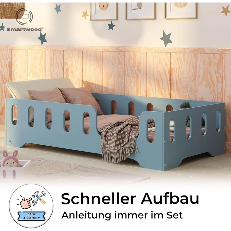 smartwood Kinderbett Bodenbett 80x200 mit Rausfallschutz & Lattenrost - Blau - Kinder Montessori Bett TILA 2P mit glatten Kanten - Betten für schnelle Montage - Bis 230 kg belastbar – Bild 4