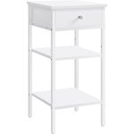 VASAGLE Nachttisch, Beistelltisch, hoch, mit Einer Schublade und 2 offenen Fächern, 1 verstellbare Ablage, platzsparend, verstellbare Füße, modern, weiß LET502B14