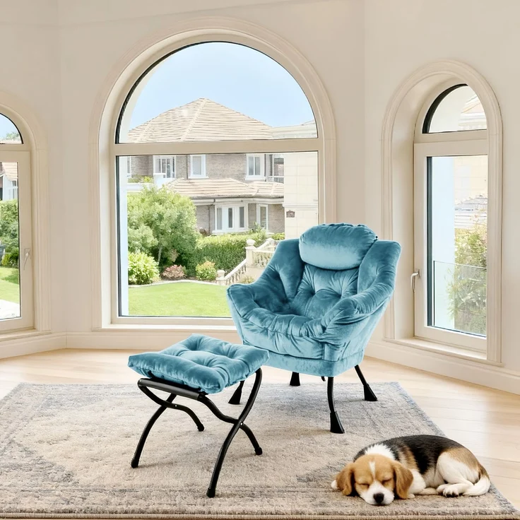 Loungesessel Set mit Hocker, Polyester Bezug, Metallgestell, bis 150kg, ergonomisch, klappbar, für Wohnzimmer Garten,Blau – Bild 1