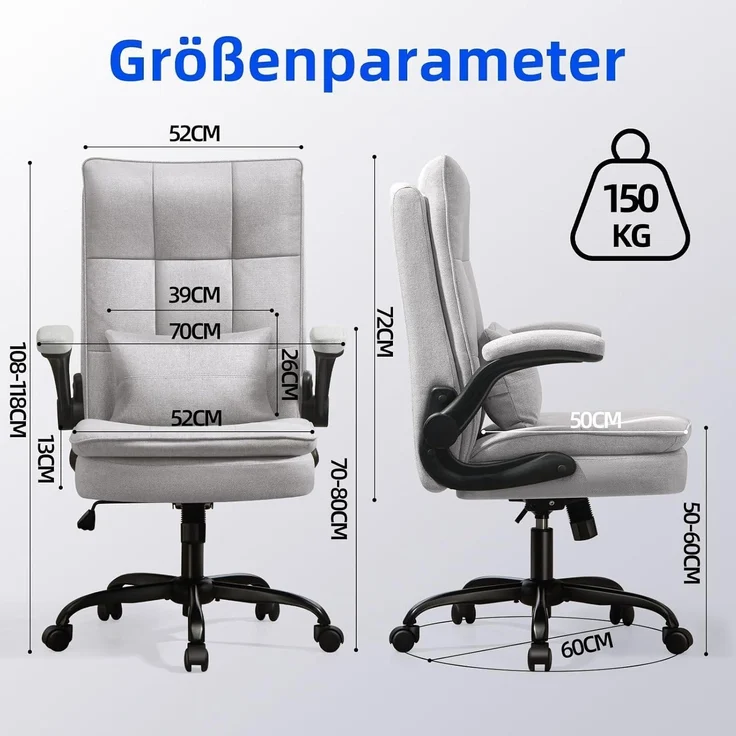 Bürostuhl Ergonomisch Hochklappbare Armlehne & Hohe Rückenlehne 150 kg Grau – Bild 3
