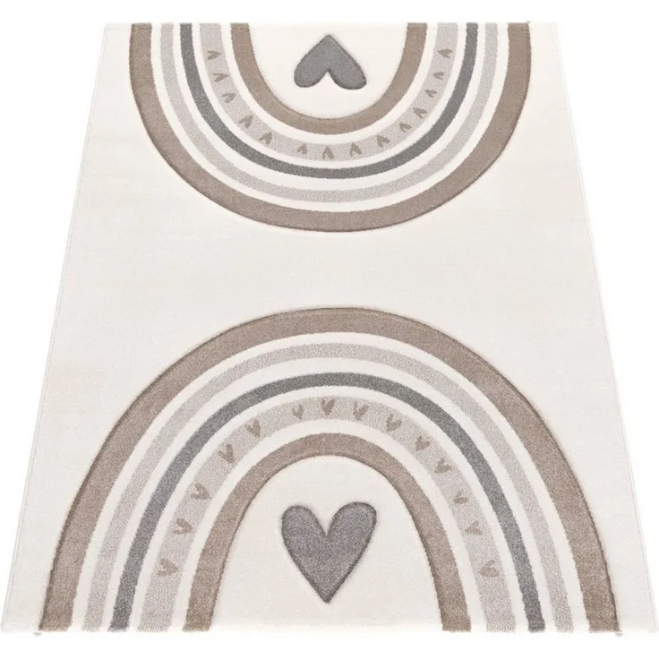 KADIMA DESIGN Kinderteppich Regenbogen mit Herz Kinderzimmer schmutzabweisend Teppich Kinder, Rund, Höhe: 16 mm, Florhöhe: 12 mm, Polypropylen, Rund, 120D, Beige