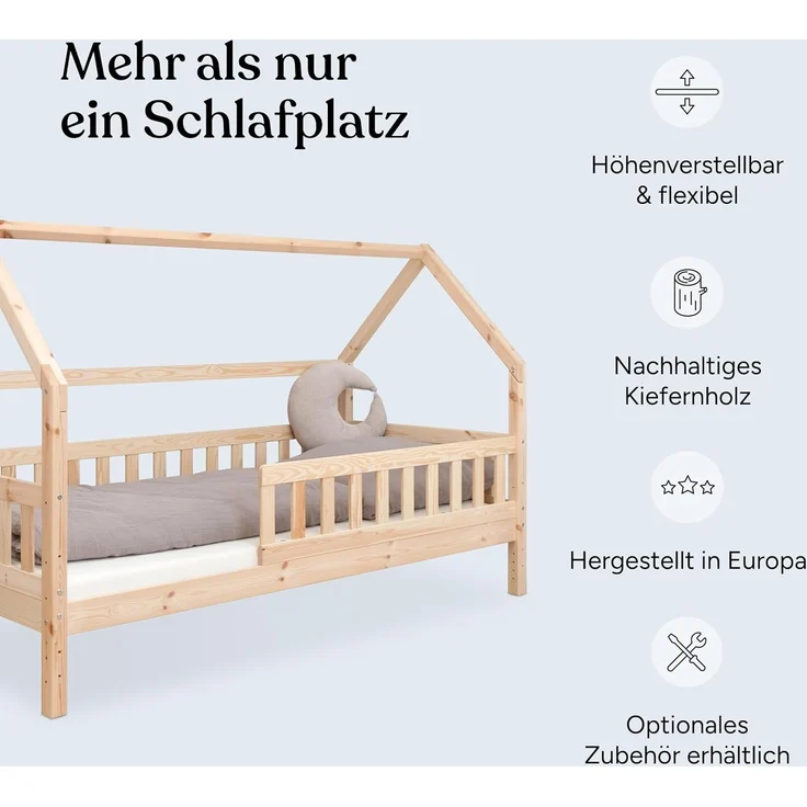 Ehrenkind® Hausbett | Kinderbett mit abnehmbaren Rausfallschutz aus Massivholz FSC zertifziert inkl. Lattenrost | Hausbett 90x200 | Kinderbett 90x200 Natur – Bild 3