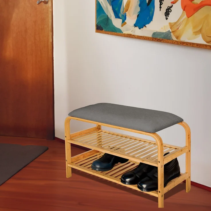AD. CON Bambus Schuhregal, Schuhregal aus Bambus mit Sitzbank, Schuhbank mit Sitzkissen, Sitzbank 70x30x46 cm Grau – Bild 9