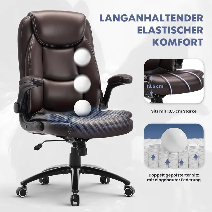 COLAMY Ergonomischer Bürostuhl, Office Bürostuhl Ergonomisch, 360° Drehung Chefsessel Schreibtischstuhl mit Hochklappbaren Armlehnen, Verstellbarer Rückenlehne, Höhe & Kippspannung, Braun – Bild 7