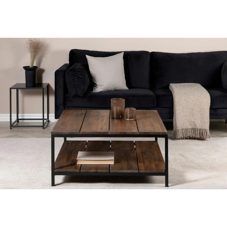 Livetastic Couchtisch, quadratisch, massiv aus Teakholz und Metall, 80x40x80 cm, Braun und Schwarz