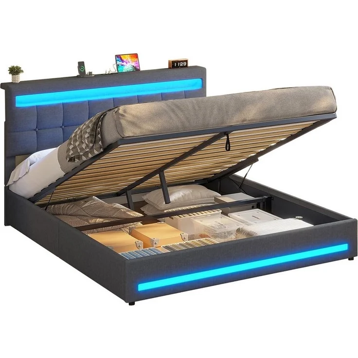 MSMASK Polsterbett Jugendbett mit LED Beleuchtung und Ladestation, Hydraulisches Bett (Ohne Matratze), mit Höhenverstellbares Kopfteil und Stauraum – Bild 2