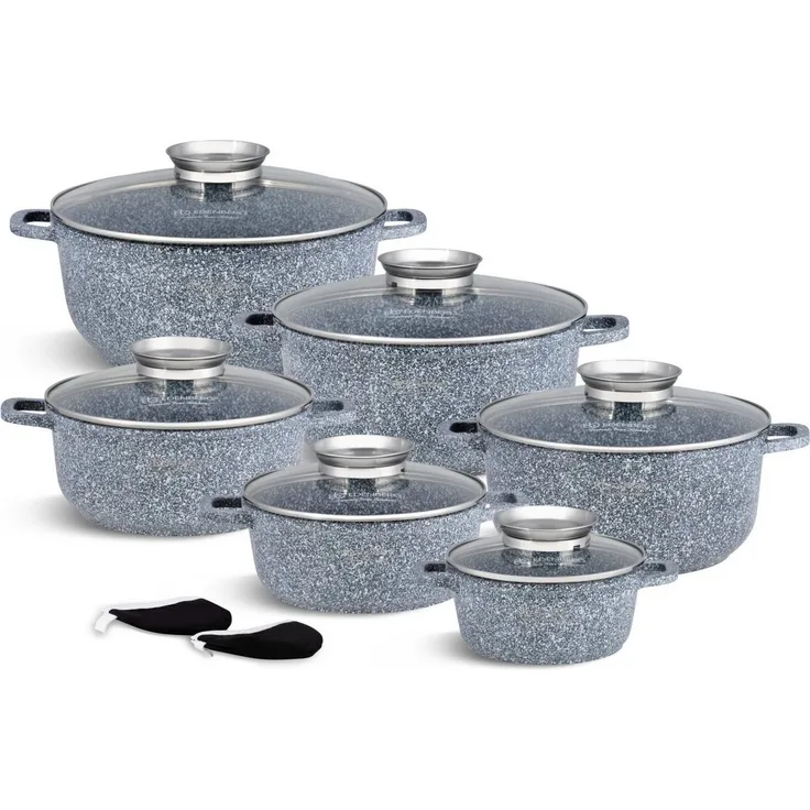 Edenberg Topf-Set Graue Töpfe Keramik-marmorbeschichtung Suppentopf, Kompotttopf, Aluminiumguss (sehr hochwertig, 12-tlg, Zeitloses Design des Topfsets. Eine ideale Geschenkidee)