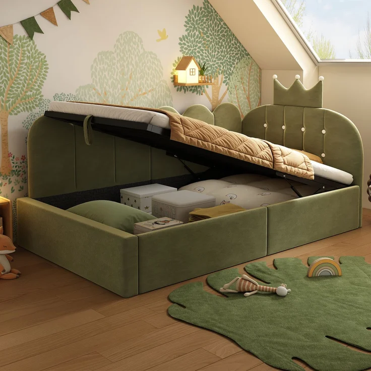 Merax Einzelbett 90x190 cm, Kinderbett, Polsterbett, Daybett, Tagesbett-Schlafsofa mit Stauraum (hydraulisch), Gästebett L-Form Samt, Grün – Bild 3