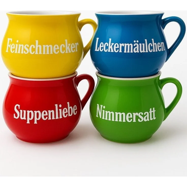 BURI Suppentassen 4er-Set aus Keramik | Bunte Henkel-Schüsseln mit Sprüchen | 400 ml | Spülmaschinenfest & mikrowellengeeignet | Mediterraner Stil – Bild 4
