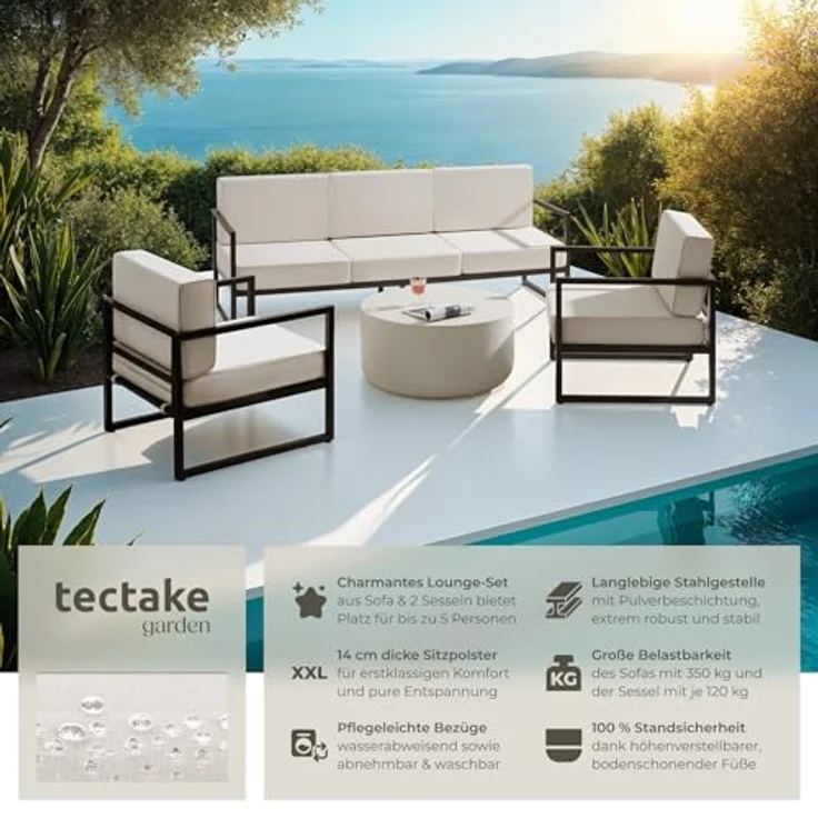 tectake® Gartenlounge Outdoor Set, Sofa 3 Sitzer 2X Gartensessel, Relaxsessel Garten mit Gartenbank, Gartenmöbel, Balkonmöbel, Terrassenmöbel, Wintergarten, Sitzecke Outdoor - 5 Sitzplätze – Bild 5