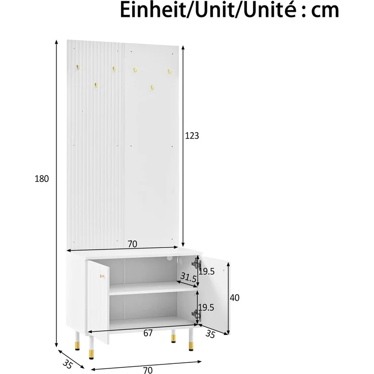 Merax Garderobenschrank, Kleiderablage,Schuhschrank, Diele Kombischrank, Standgarderobe, Staurschrank, Schuhaufbewahrung, Garderobenwand mit Haken, zylindrische Metallfüße – Bild 4