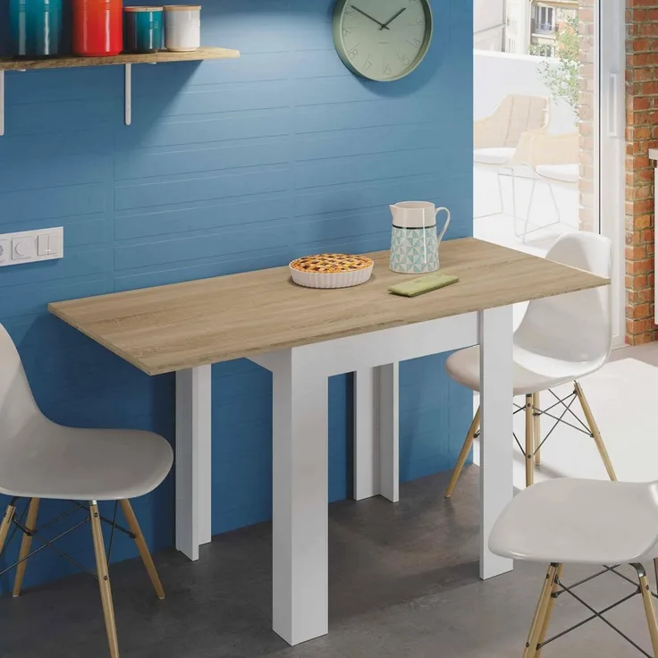 Dmora - Ausziehbarer Newark-Tisch, klappbarer Essregal mit Buchöffnung, klappbarer Beistelltisch, 67x67/135x79 cm, Weiß und Eiche