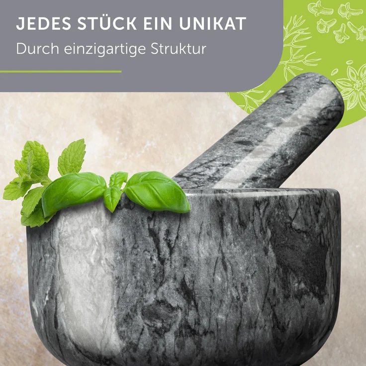 madeco Mörser mit Stößel Marmor Ø 14 cm - Perfekt geeignet für Gewürze, Kräuter & Nüsse - Steinmörser Set mit praktischem Antirutsch-Pad - Design Marmor Mörser & Stößel groß – Bild 7