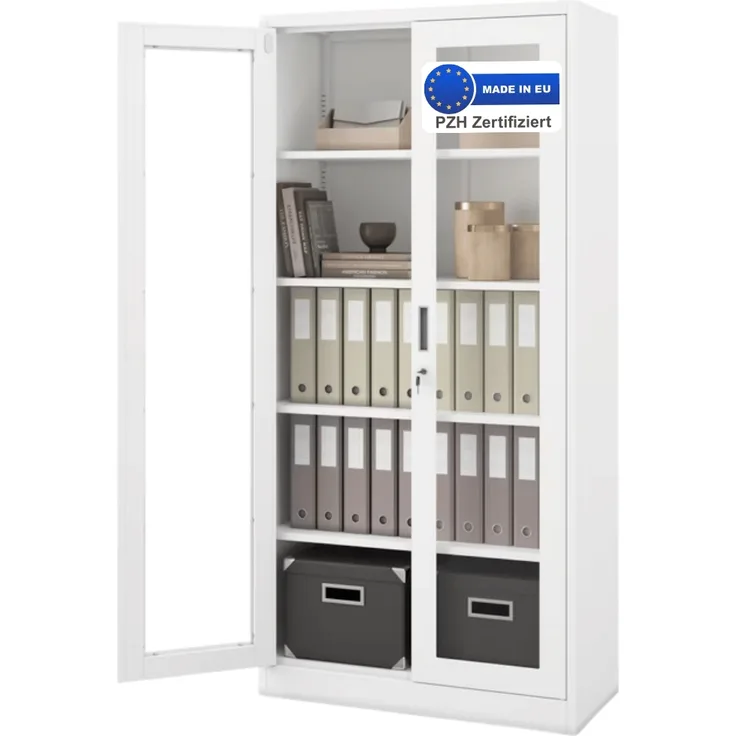 Vitrinenschrank abschließbar ELLO - Glastüren, 5 Ebenen | Büroschrank aus Stahl Aktenschrank mit Glasfenster Metallschrank Mehrzweckschrank, 185x90x40cm Weiß