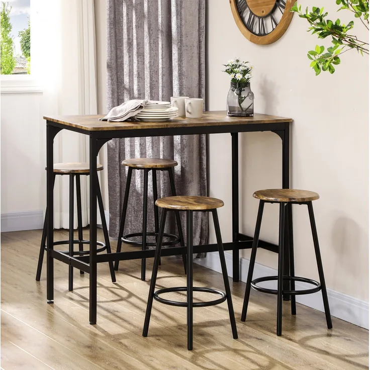 Bartisch-Set, MDF in Holzoptik mit 4 Barhockern, 110x50x89,5 cm, Braun