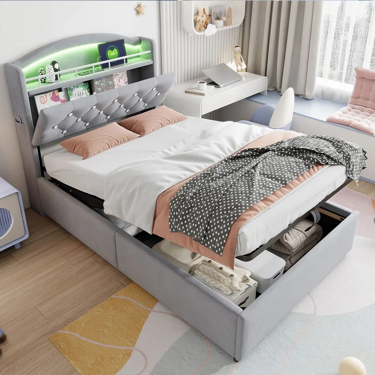 Kinder Polsterbett 90x200, Samt Einzelbett Multifunktionsbett mit Stauraum mit LED und USB Grau – Bild 1